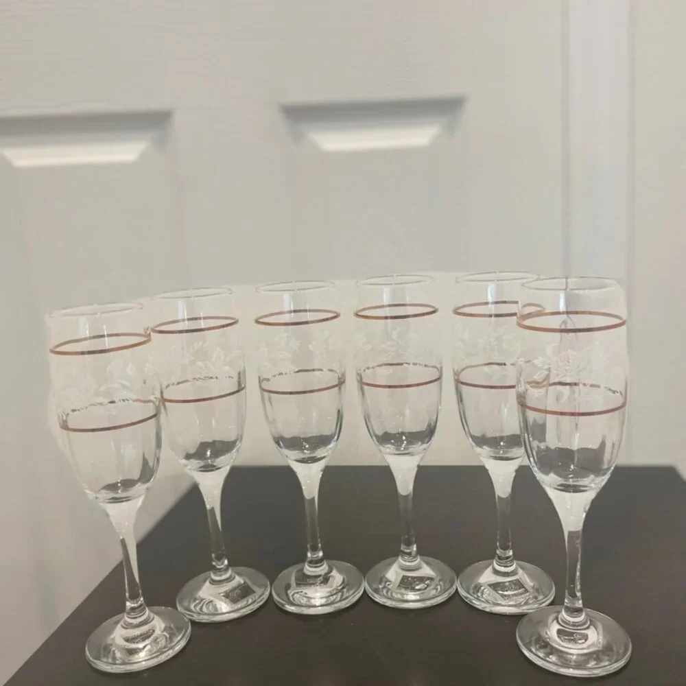 CICLE WARE SET OF 6‎ CHAMPAGNE FLUTES DUTCHES GOLD RIM FLORAL MADE IN TURKEY